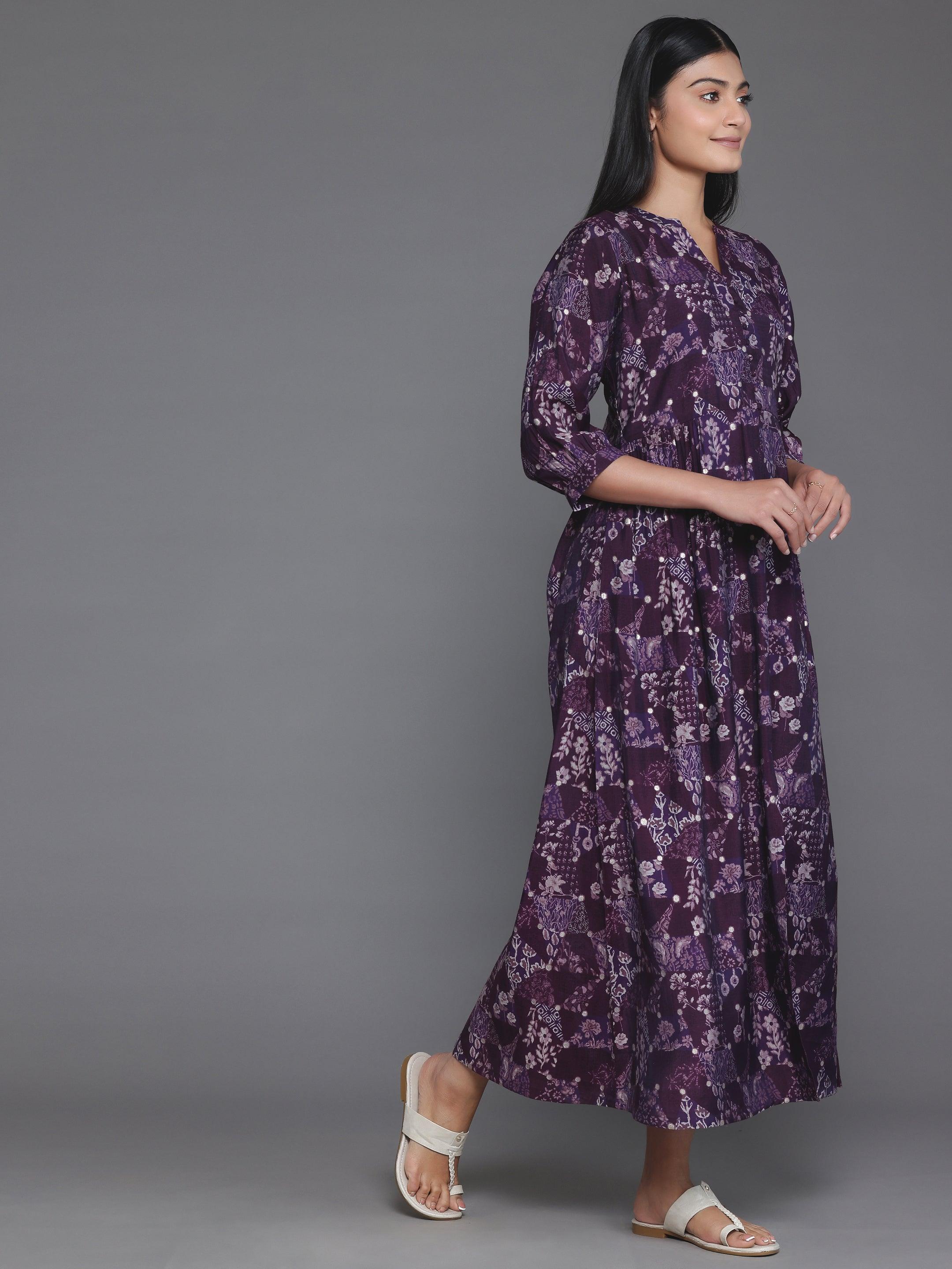 Purple Printed Silk Fit and Flare Dress