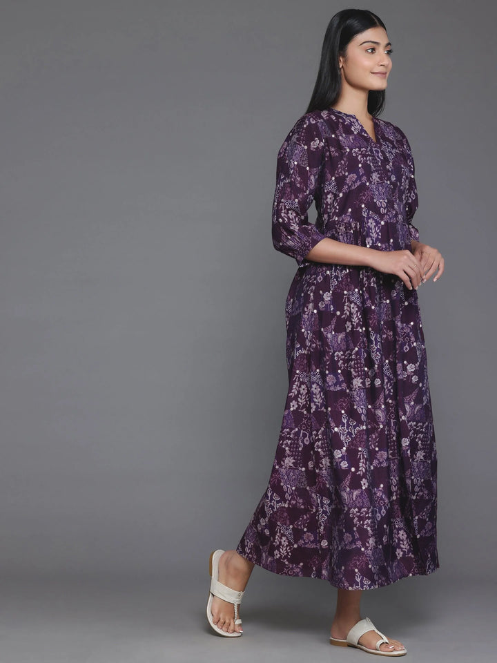 Purple Printed Silk Fit and Flare Dress - Libas