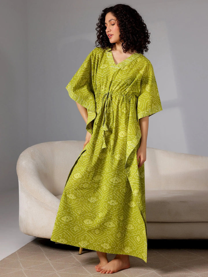 Green Printed Cotton Kaftan Night Dress - Libas