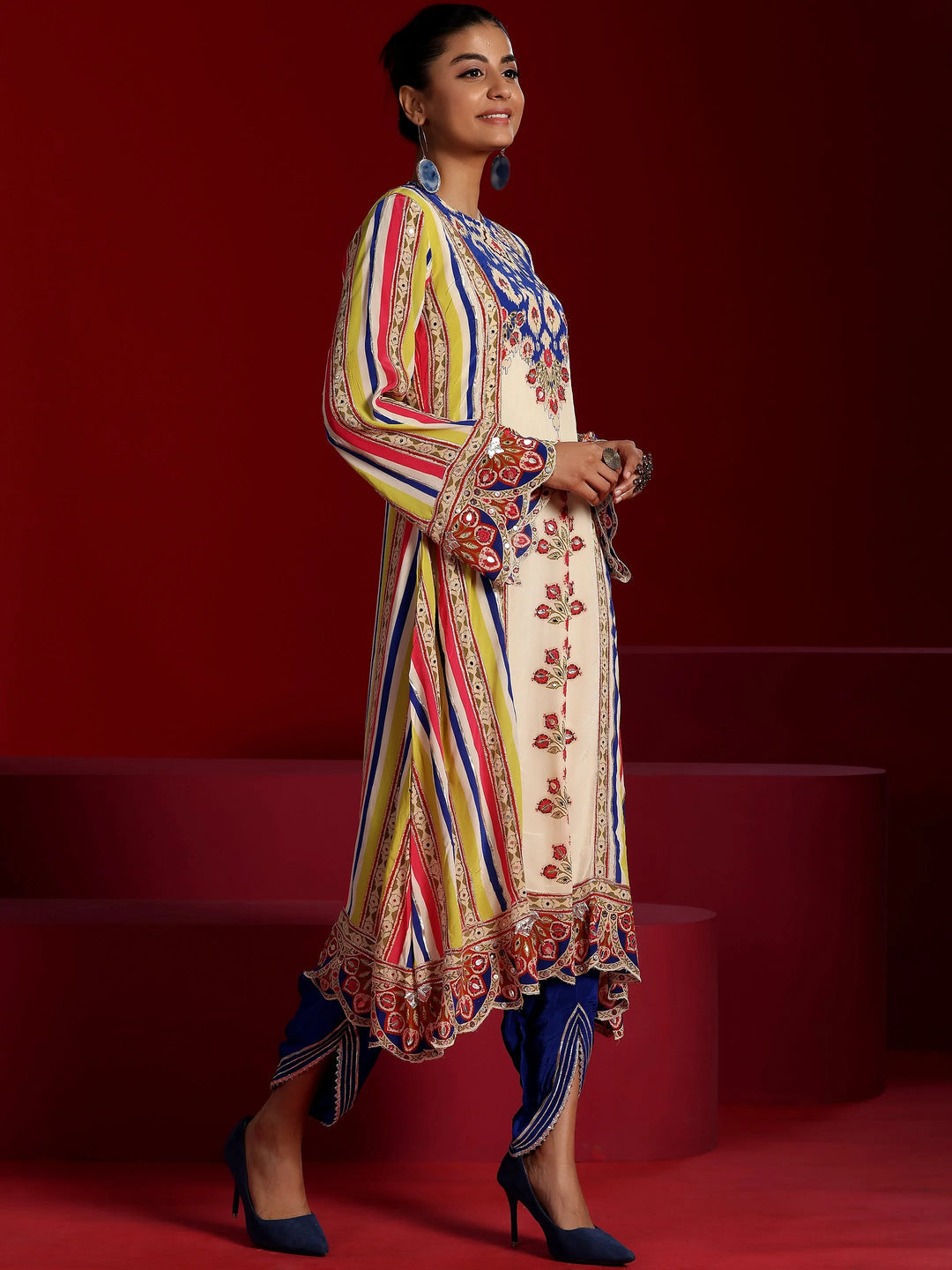  Libas Art Multi Printed Silk Crepe A-Line Kurta With Dhoti Pants 