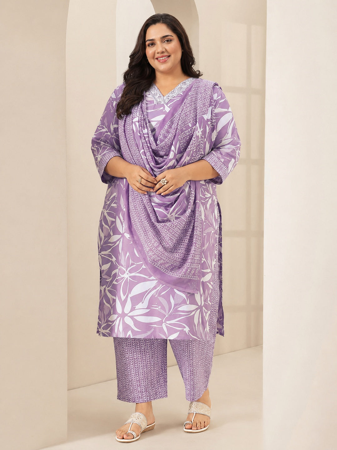 libas Plus Size Mauve Floral Printed Cotton Blend Straight Suit Set-picture-56