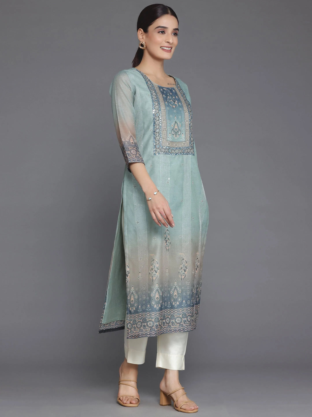 Grey Embellished Chanderi Silk Straight Kurta - Libas