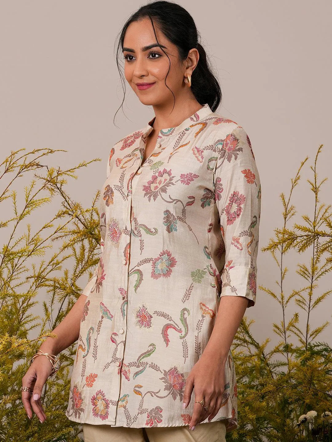 Beige Printed Silk Blend A-Line Kurti - Libas 