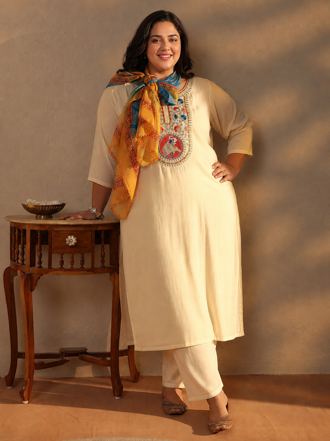  Plus Size Off White Ethnic Motif Printed Chanderi Silk Straight Suit Set 