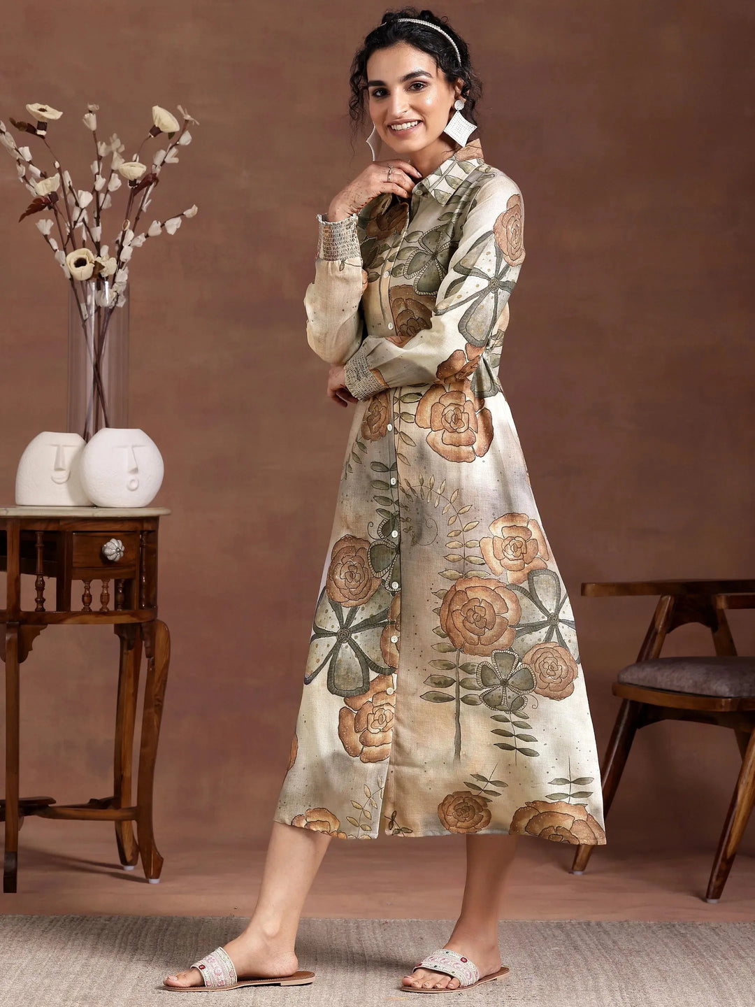 Grey Printed Cotton Blend Shirt Dress 