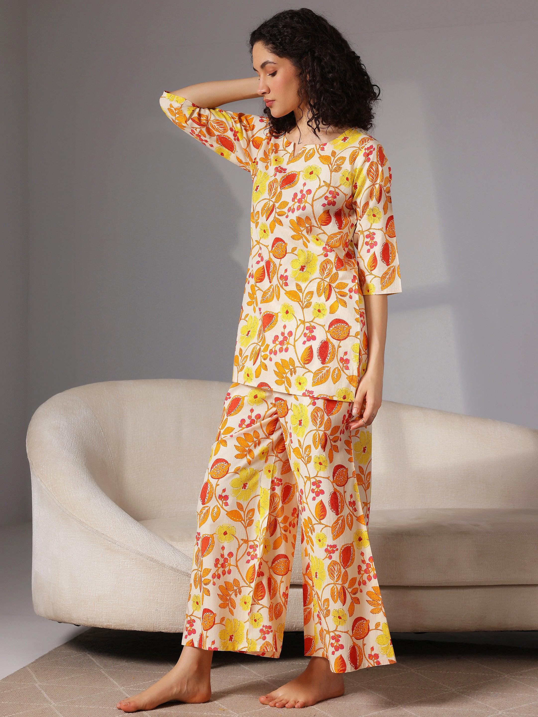 Yellow Printed Cotton Night Suits