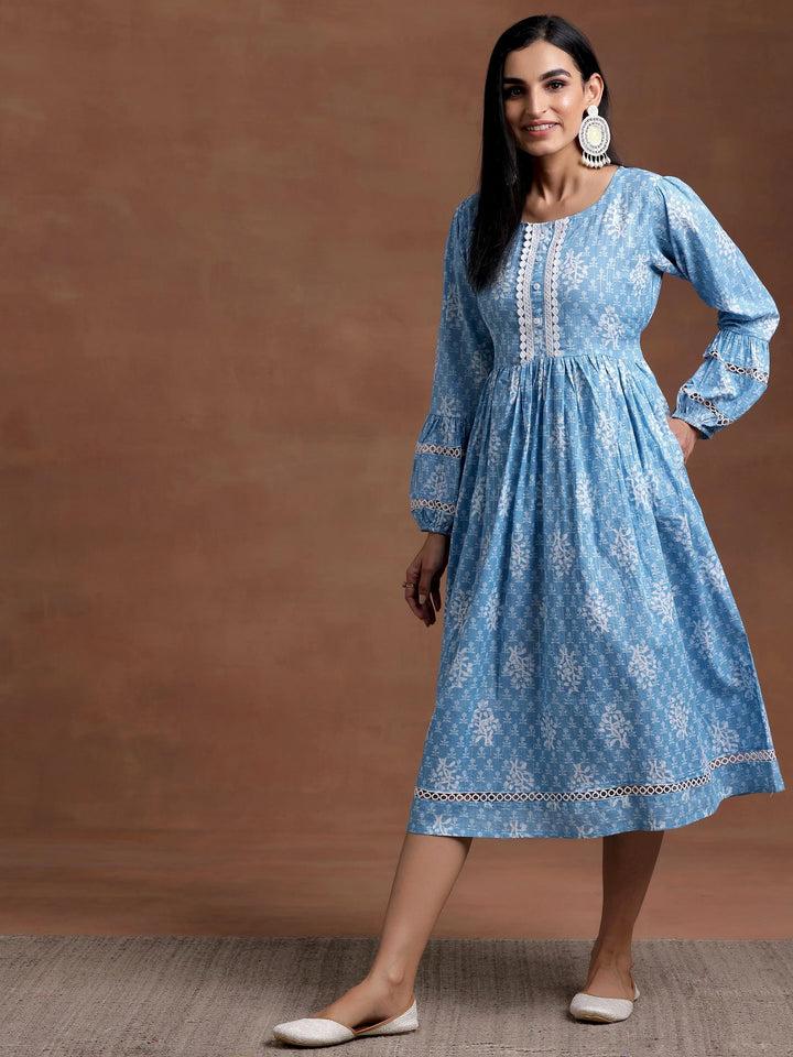 Blue Printed Cotton Fit and Flare Dress - Libas