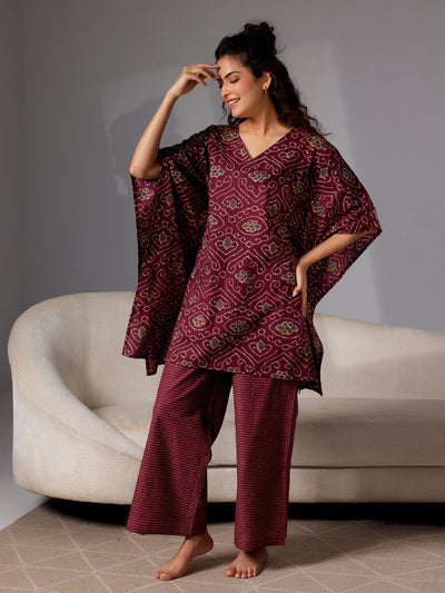Wine Printed Cotton Night Suits - Libas