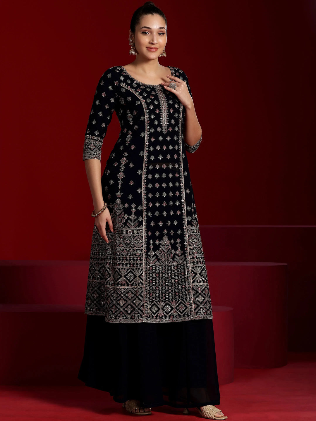  Libas Art Blue Embroidered Georgette Straight Suit With Dupatta 