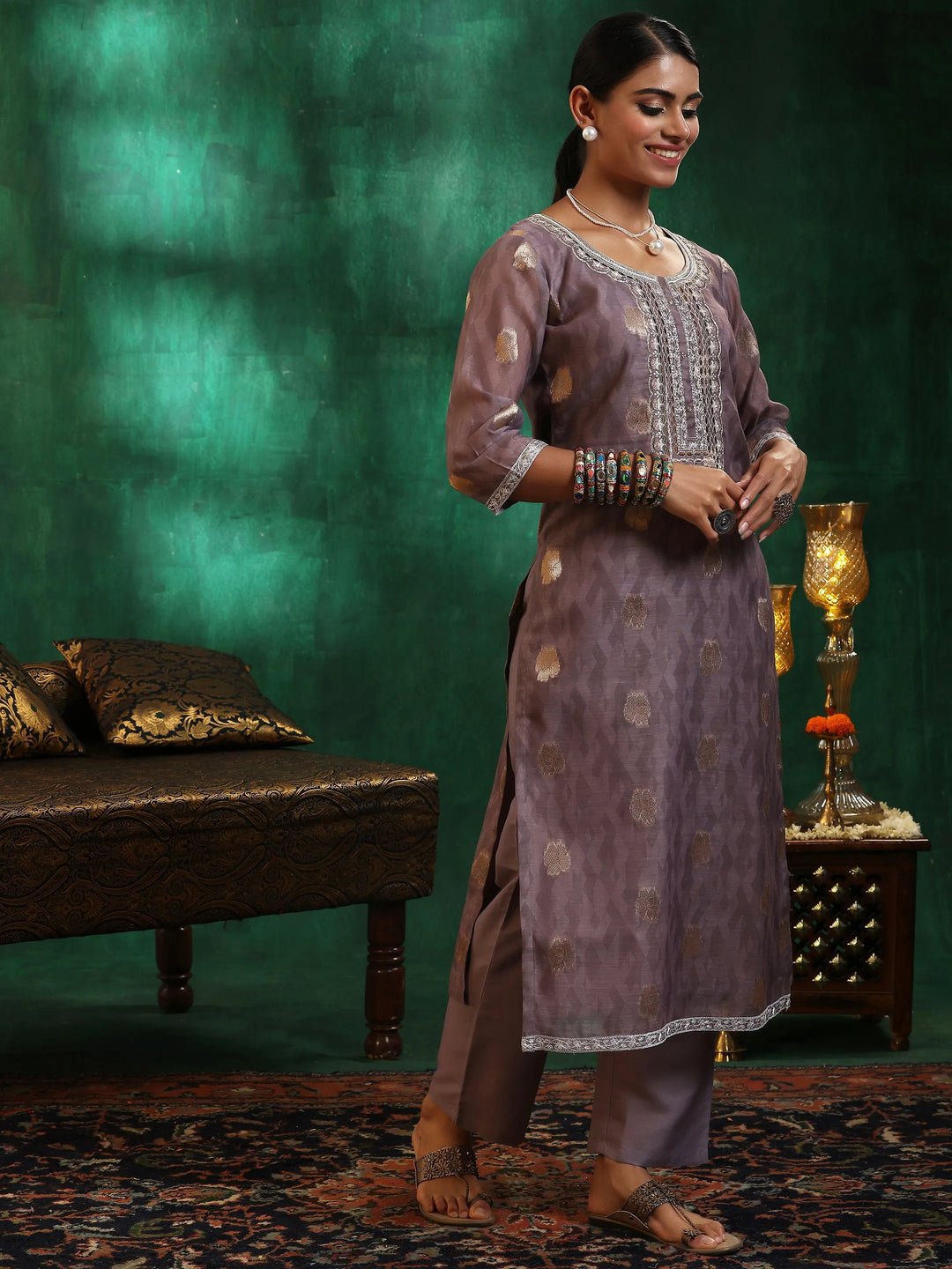  Brown Printed Silk Blend Straight Suit With Dupatta 