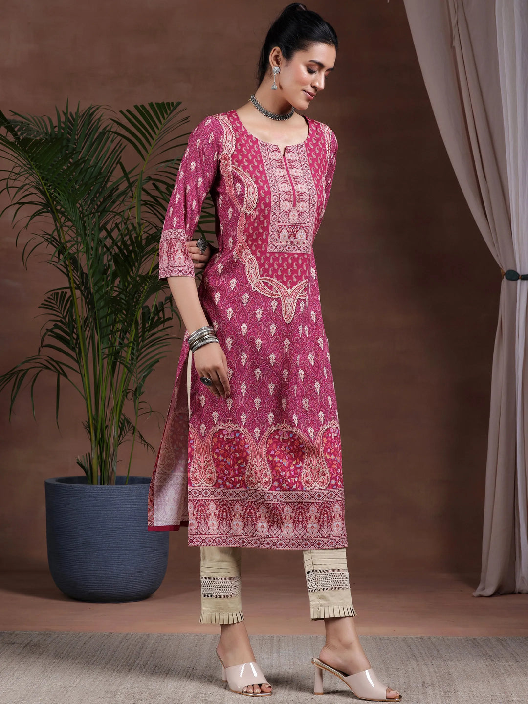  Rust Printed Crepe Straight Kurta 