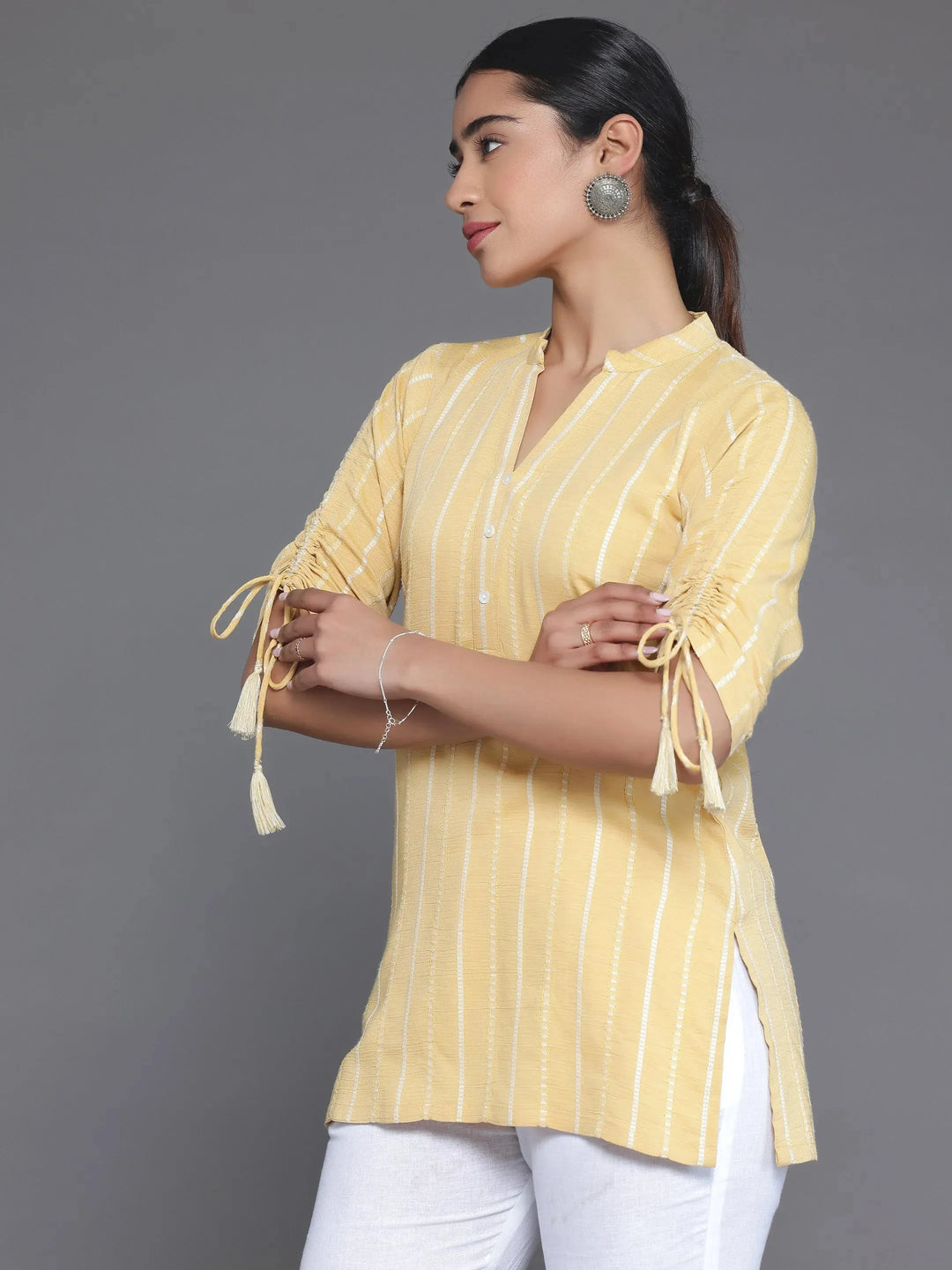  Mustard Woven Design Cotton Blend Straight Kurti 