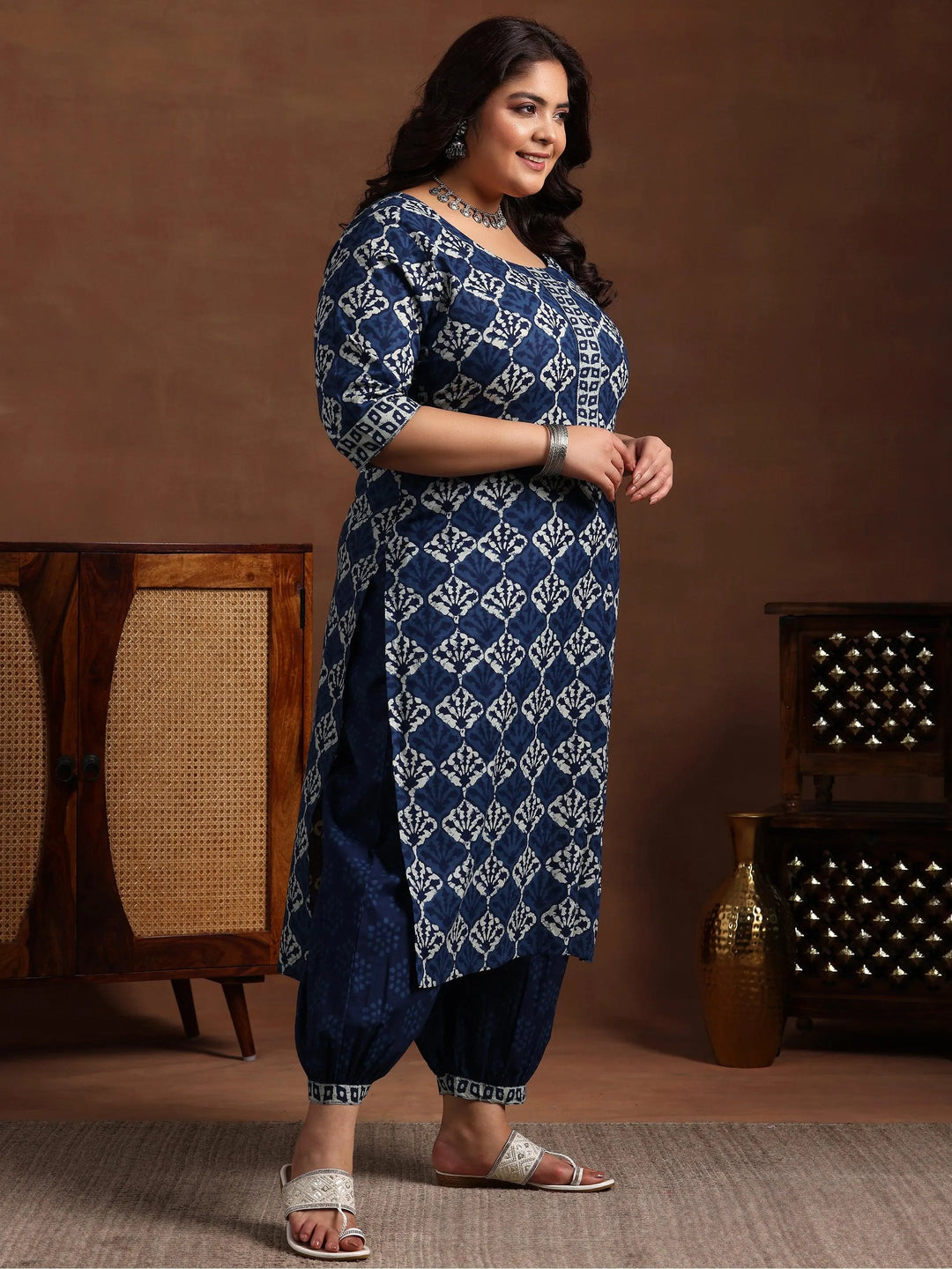 Plus Size Blue Printed Cotton Straight Suit With Dupatta - Libas 