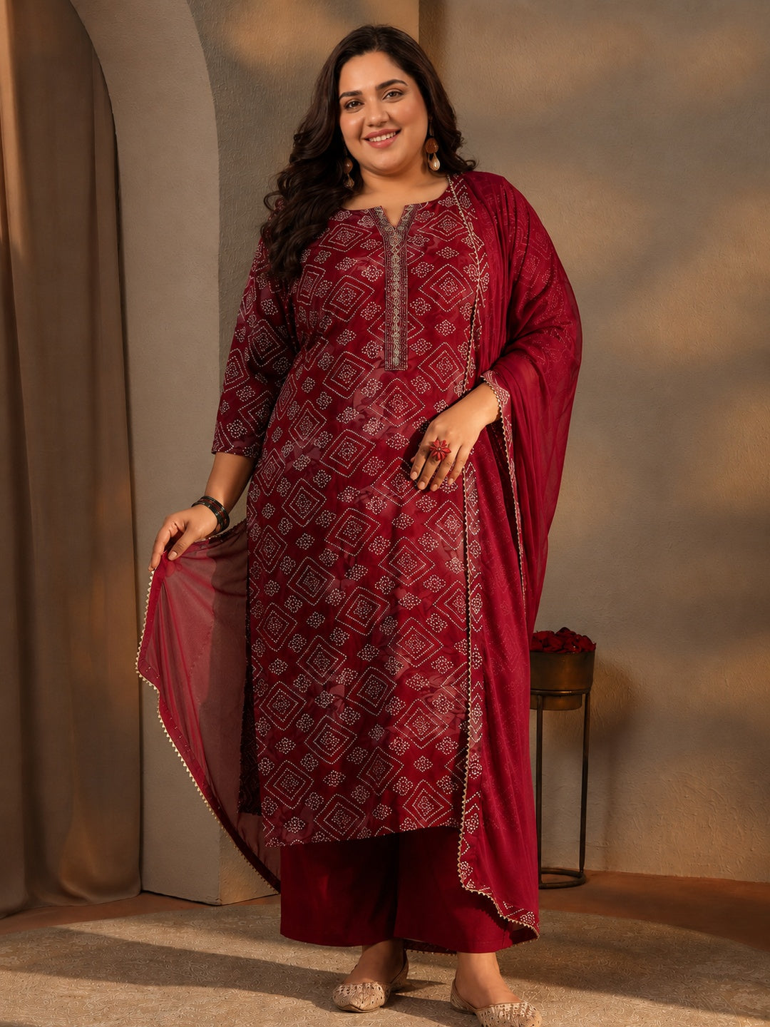Plus Size Maroon Bandhani Printed Rayon Straight Suit Set