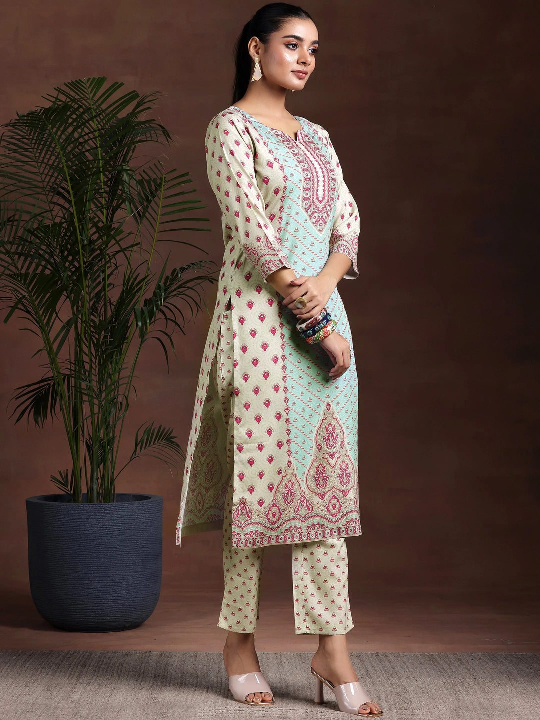  Beige Printed Poly Crepe Straight Suit With Dupatta 