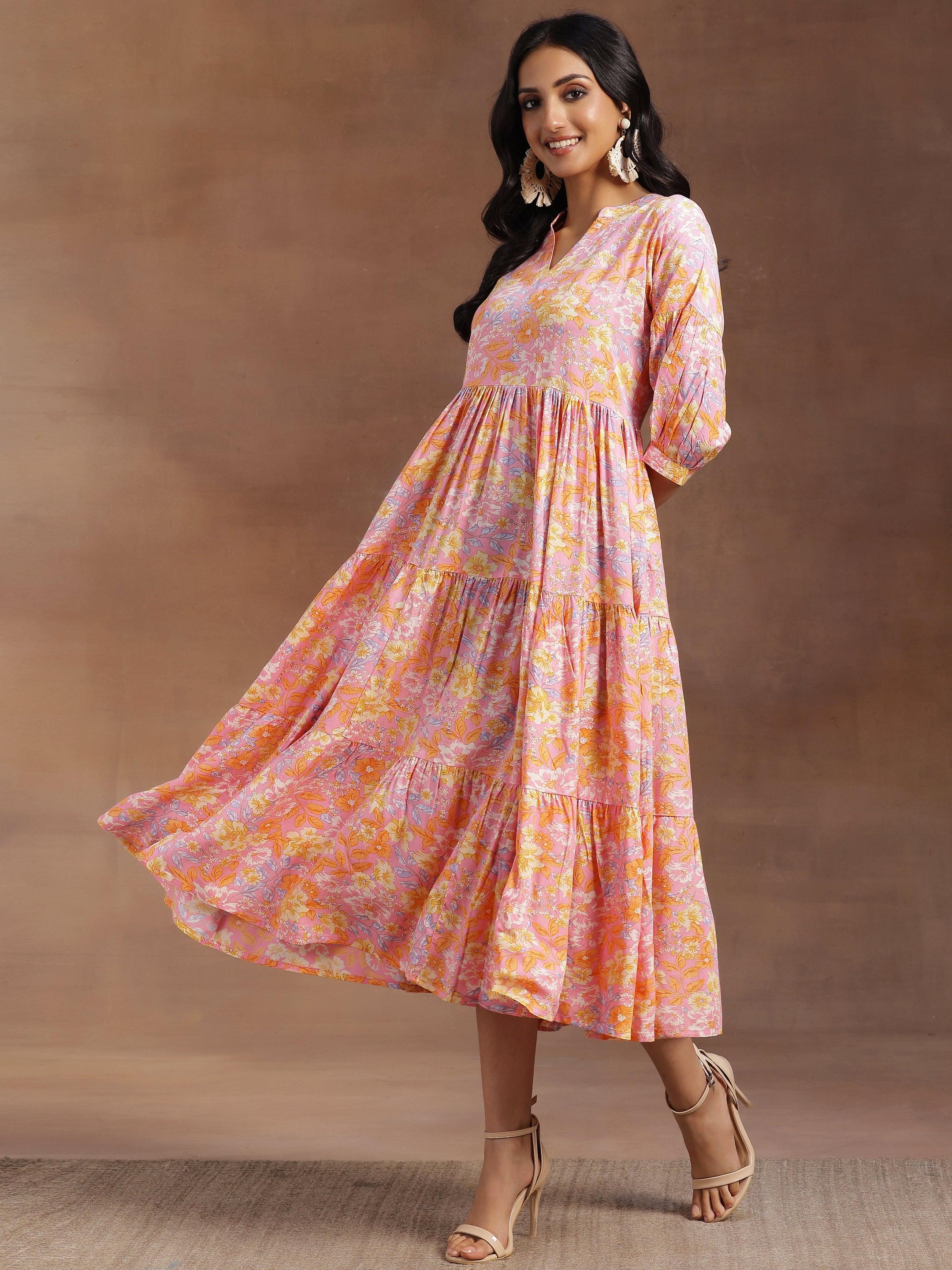 Pink Printed Rayon Fit and Flare Dress
