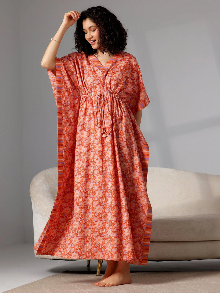 Orange Printed Cotton Kaftan Night Dress - Libas