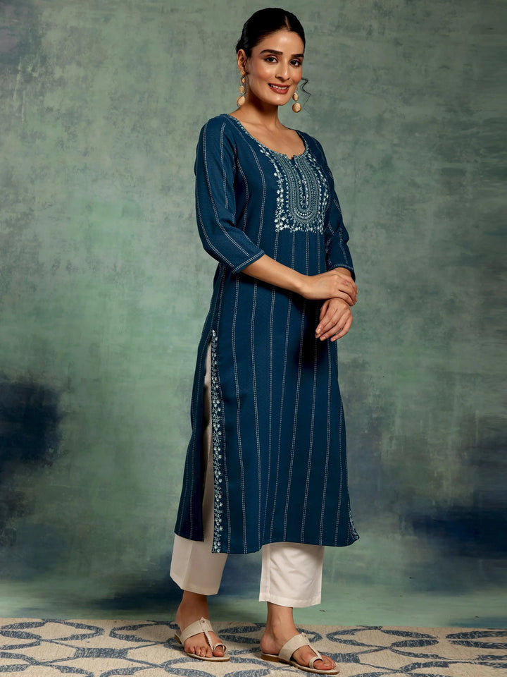 Teal Blue Yoke Design Silk Straight Kurta - Libas