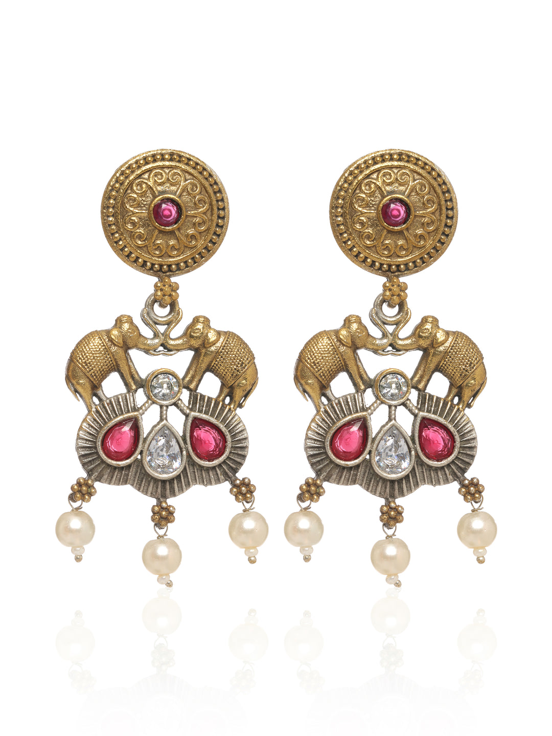  Libas Antique Gold Elephant Motif Pearl Drop Earrings 