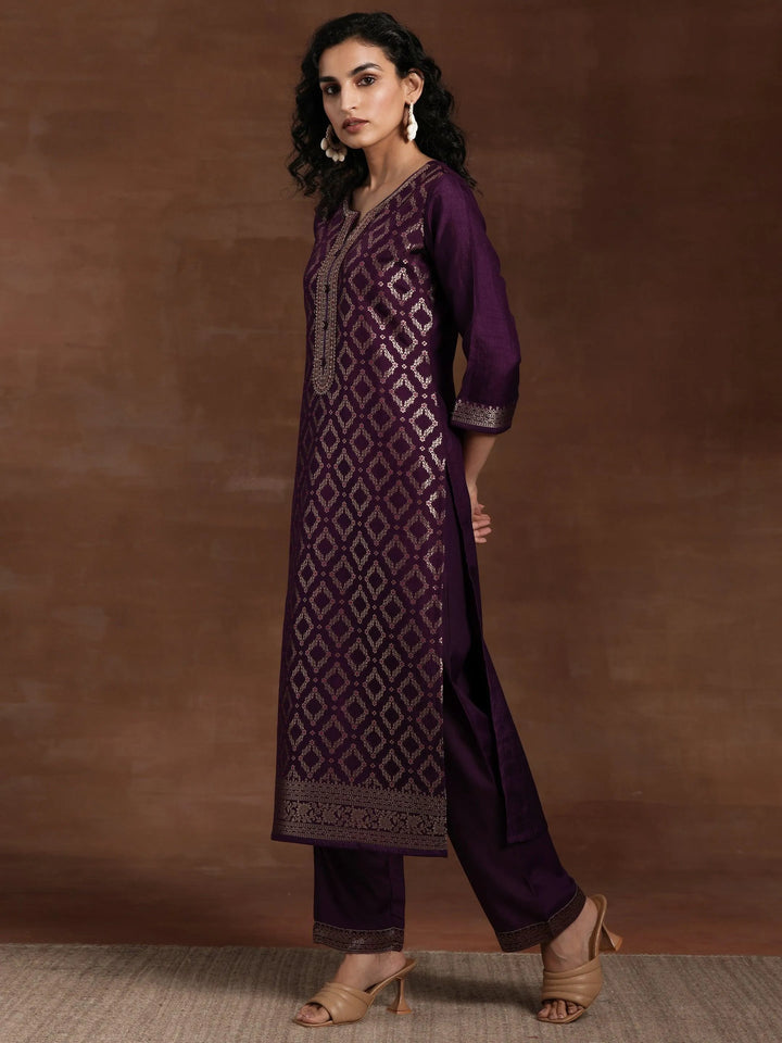 Purple Woven Design Silk Blend Straight Suit With Dupatta - Libas