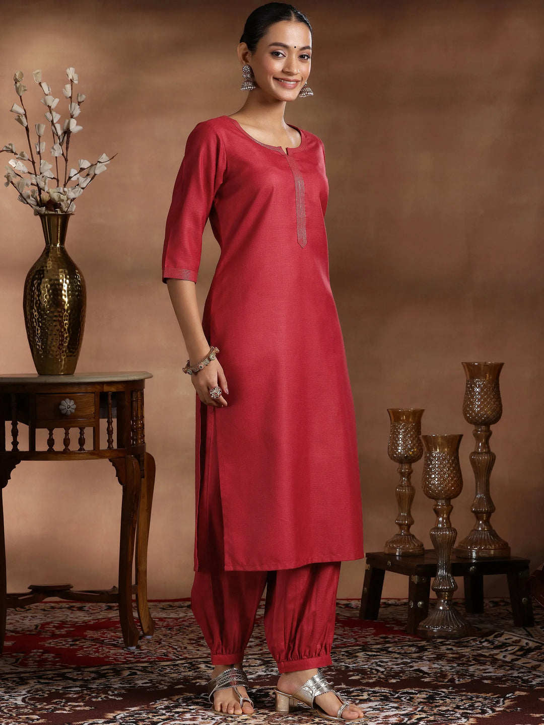  Maroon Solid Cotton Blend Straight Suit With Dupatta 