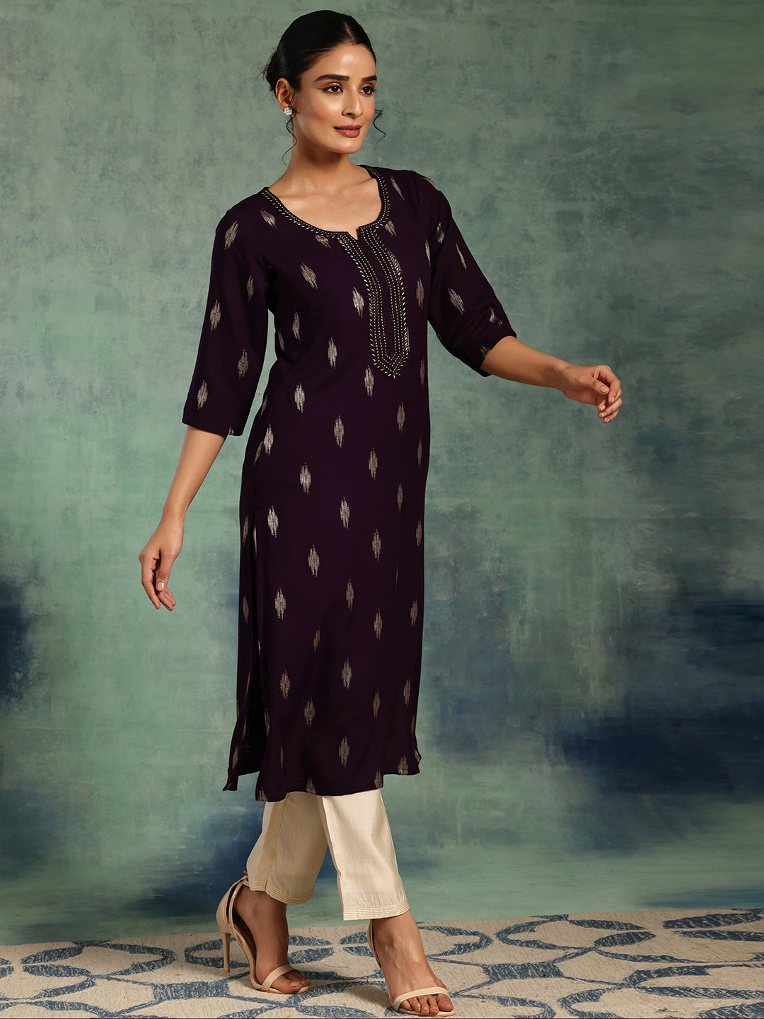  Purple Woven Design Rayon Straight Kurta 