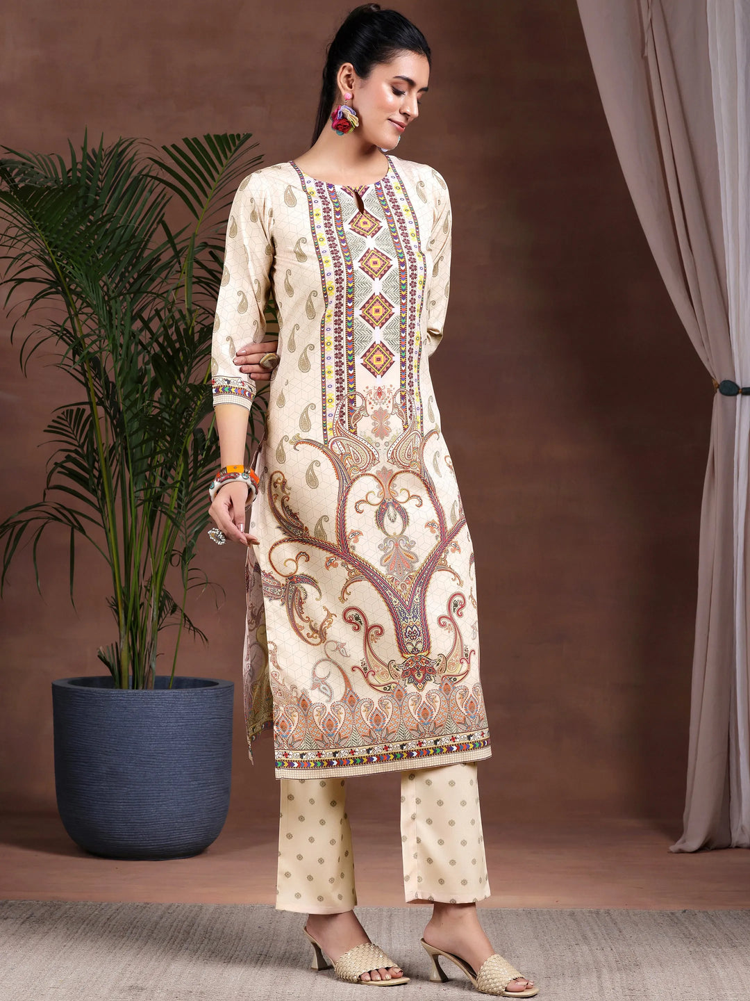  Beige Printed Poly Crepe Straight Kurta Set 
