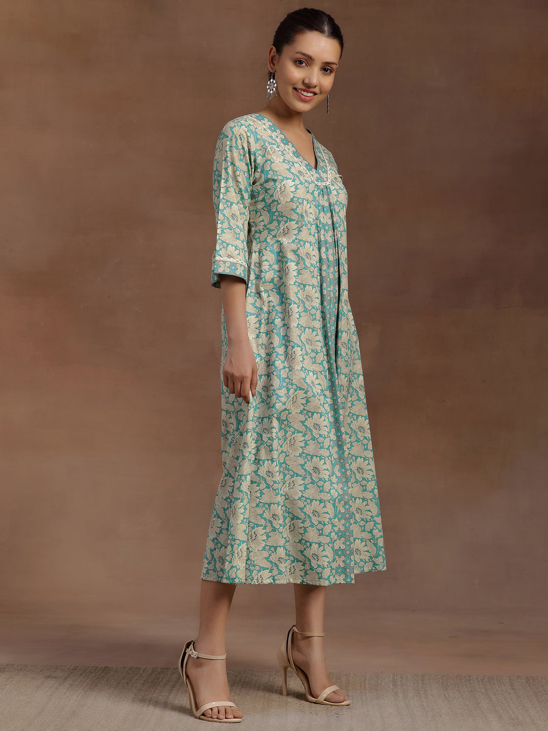  Blue Printed Cotton A-Line Dress 