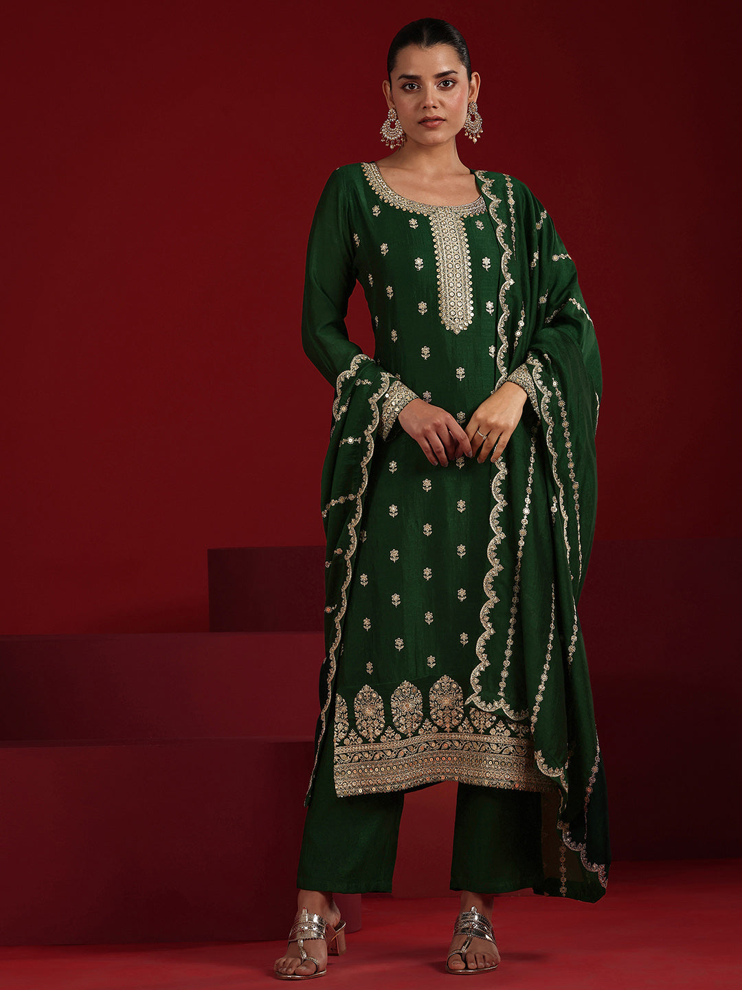 Libas Art Green Embroidered Silk Blend Straight Suit Set With Dupatta