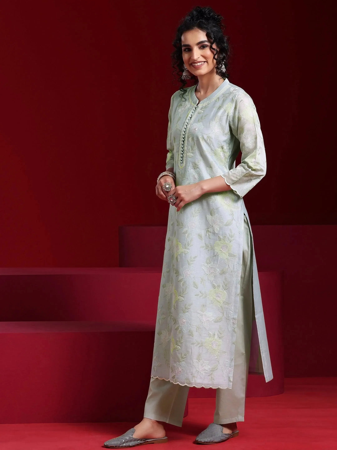  Libas Art Blue Embroidered Chanderi Silk Straight Suit With Dupatta 