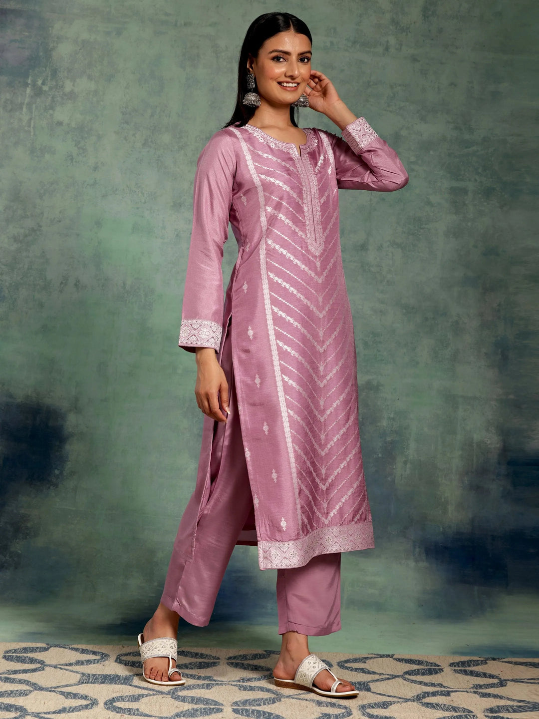 Lilac Woven Design Silk Blend Straight Suit With Dupatta - Libas 