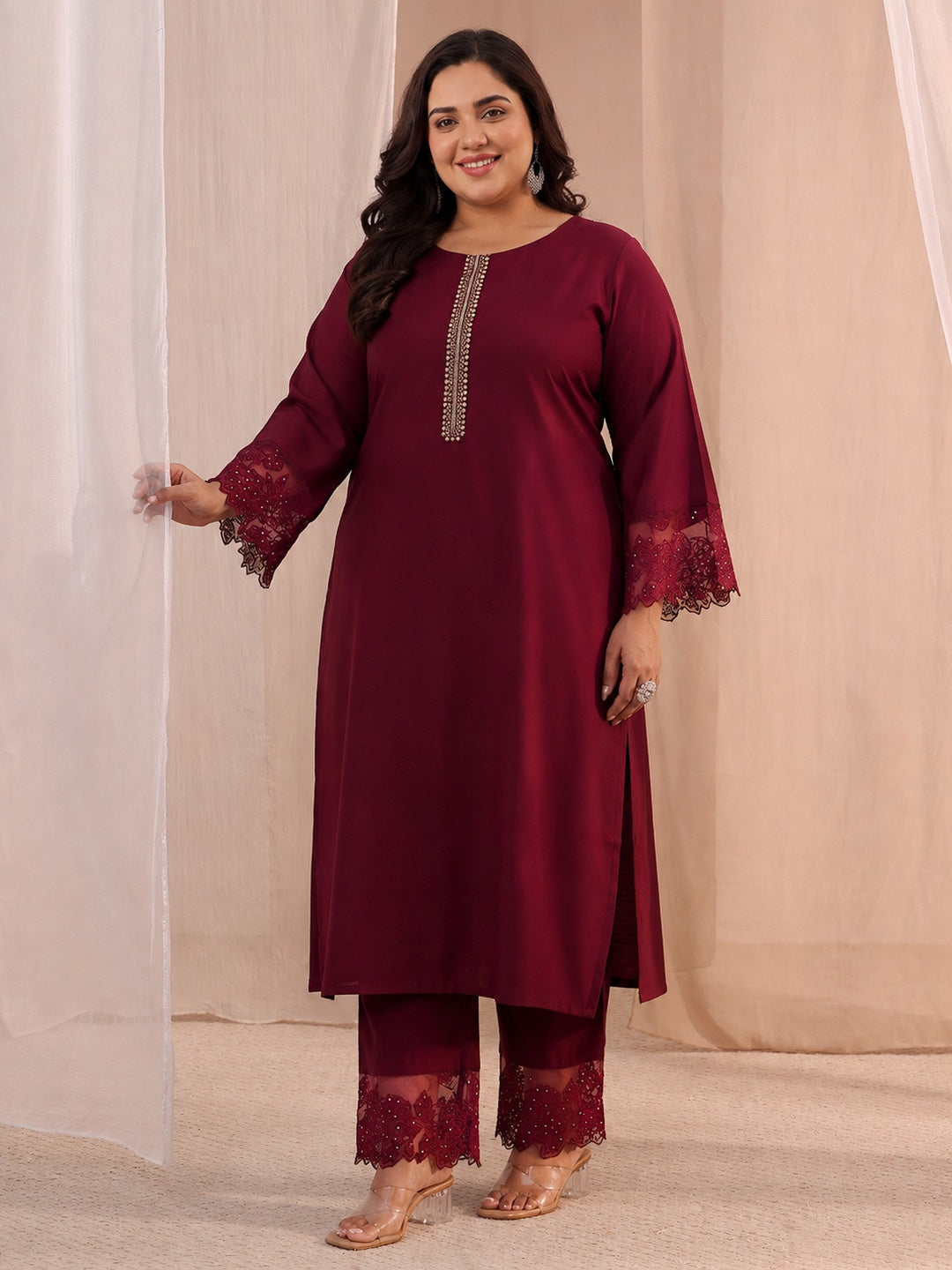  Plus Size Maroon Solid Silk Blend Straight Suit Set 