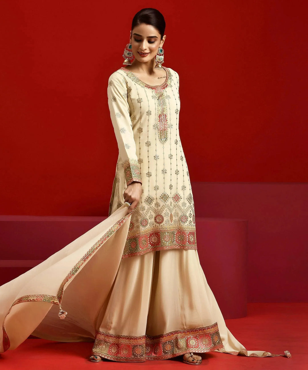  Libas Art Beige Embroidered Georgette Straight Suit With Dupatta 