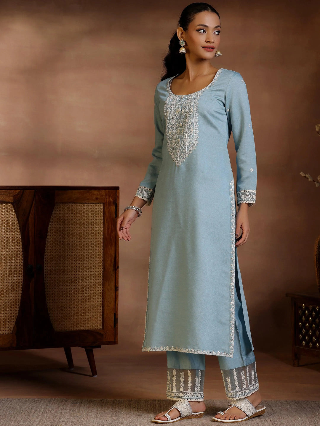  Blue Yoke Design Silk Blend Straight Suit With Dupatta 