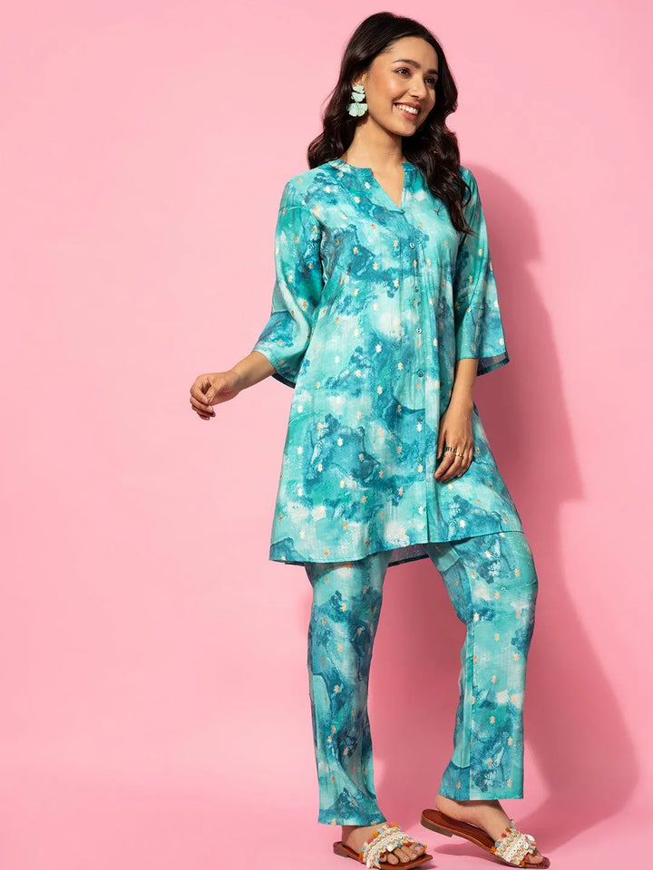Blue Printed Silk Blend Co-Ords - Libas