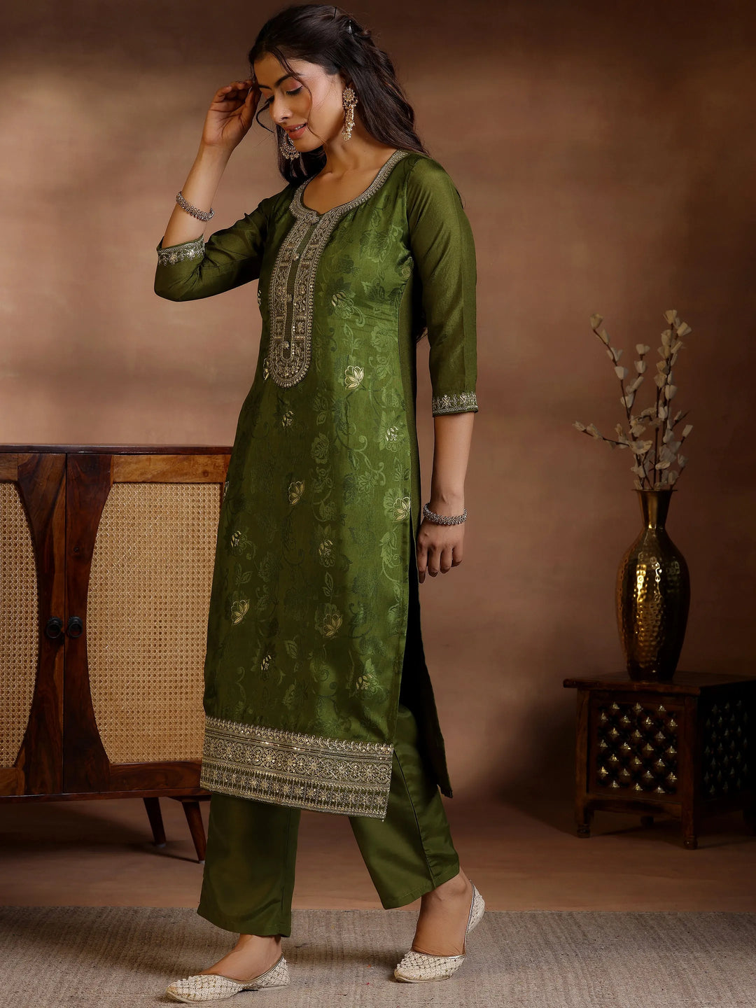 Olive Woven Design Silk Blend Straight Suit With Dupatta 