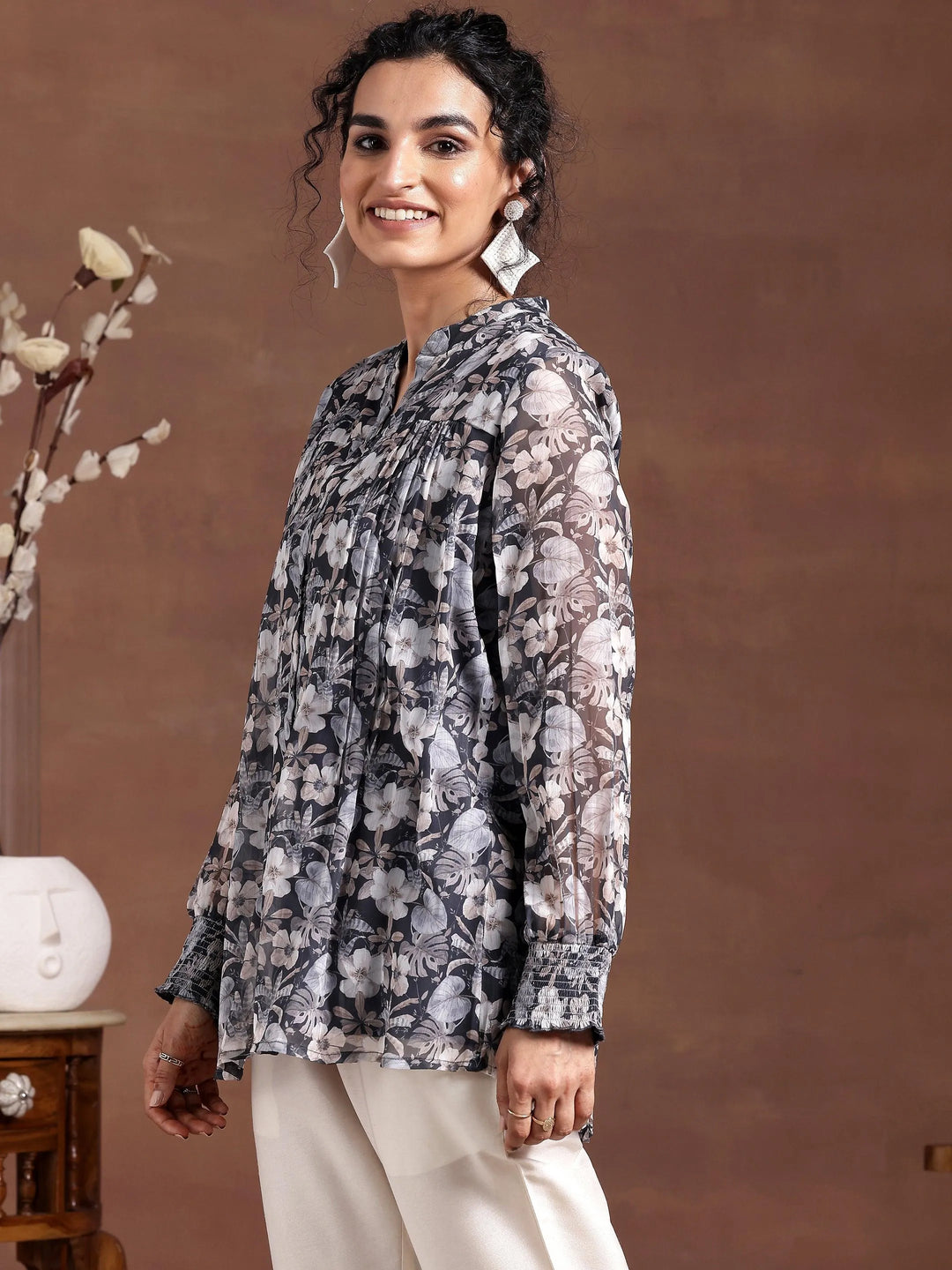 Grey Printed Chiffon A-Line Kurti - Libas 