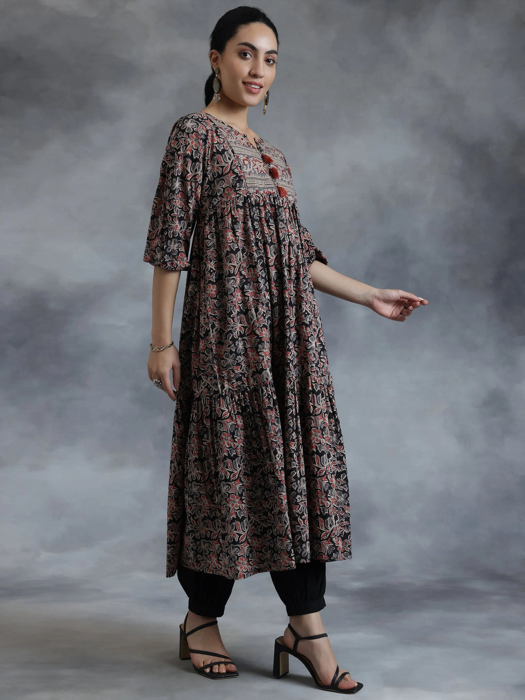  Black Printed Cotton A-Line Dress 