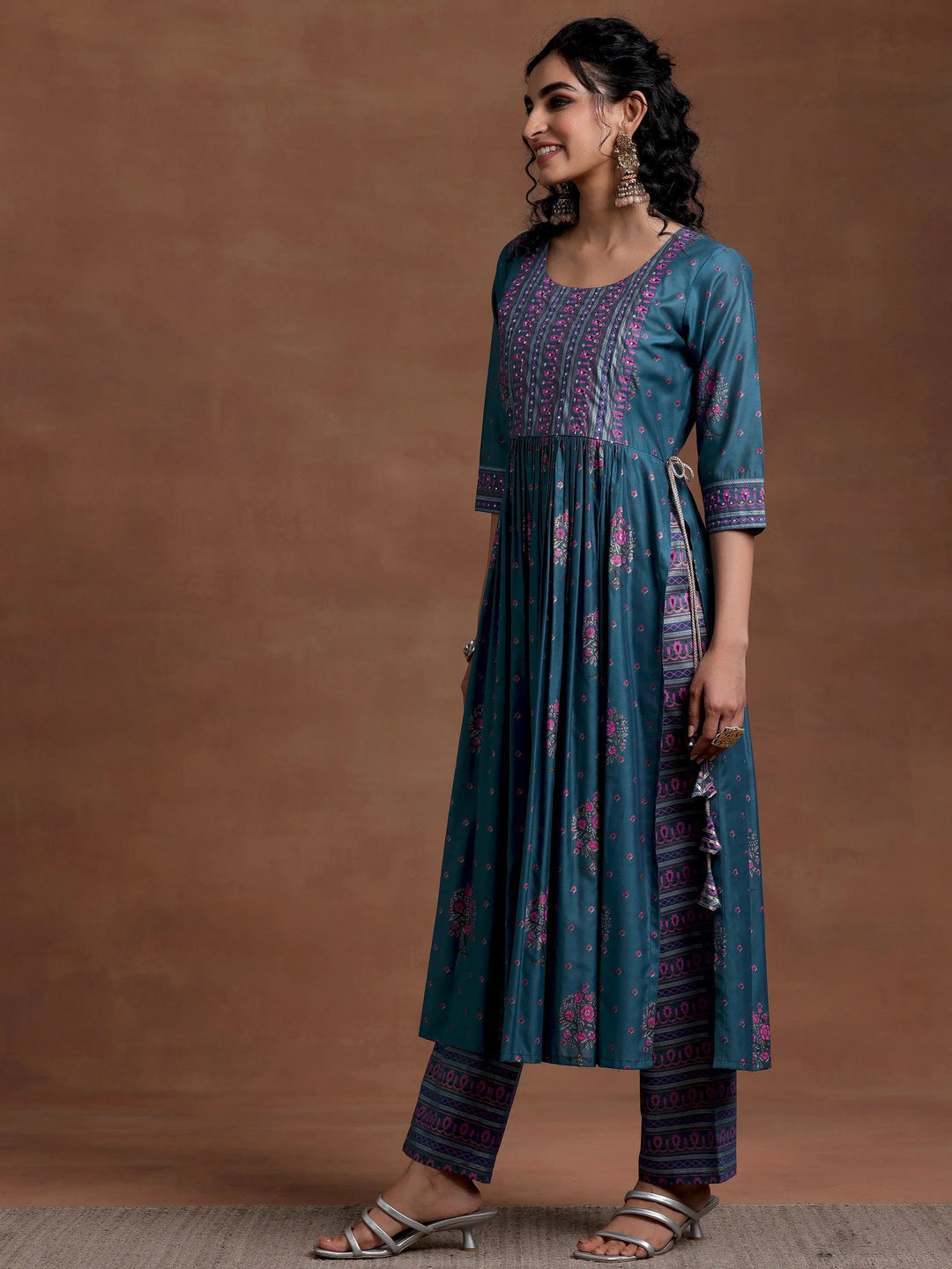 Blue Printed Silk Blend A-Line Kurta With Palazzos & Dupatta - Libas 