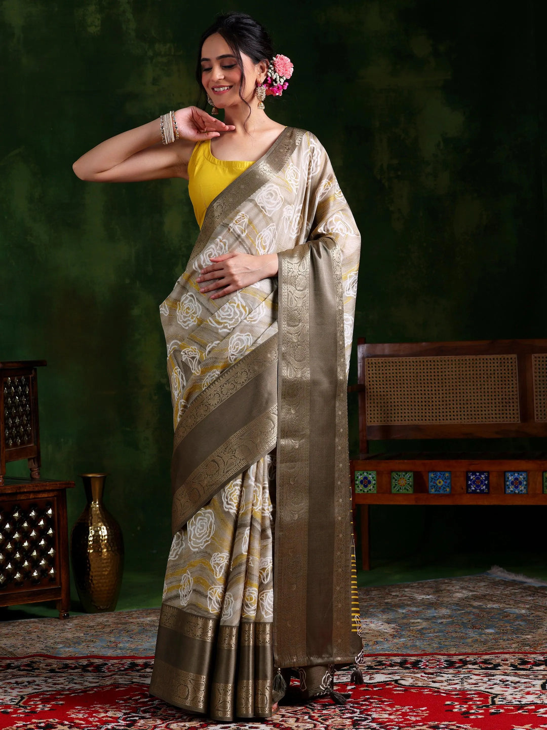 Taupe Printed Silk Blend Saree With Unstitched Blouse Piece - Libas 