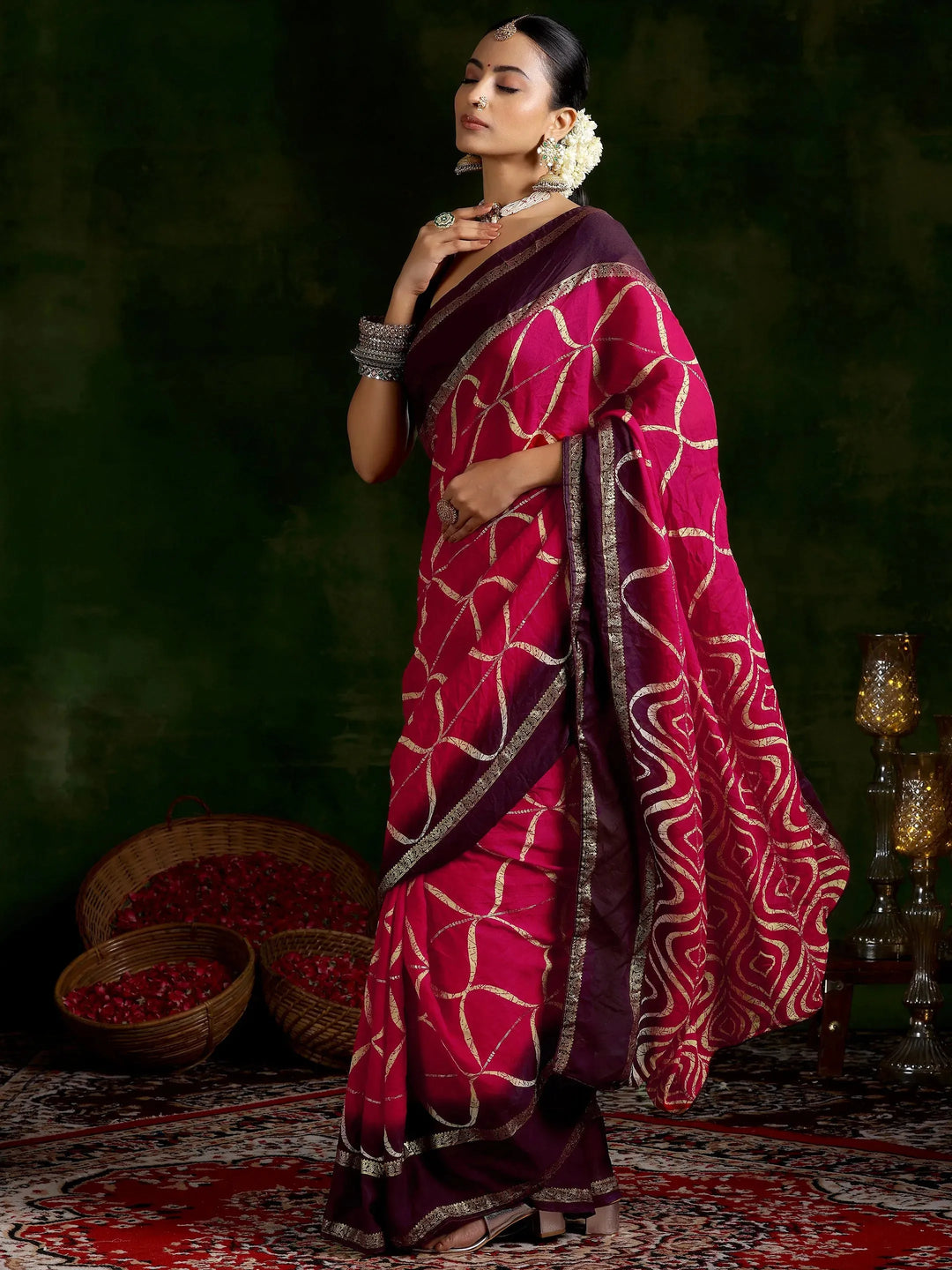  Pink Printed Chiffon Saree With Unstitched Blouse Piece 
