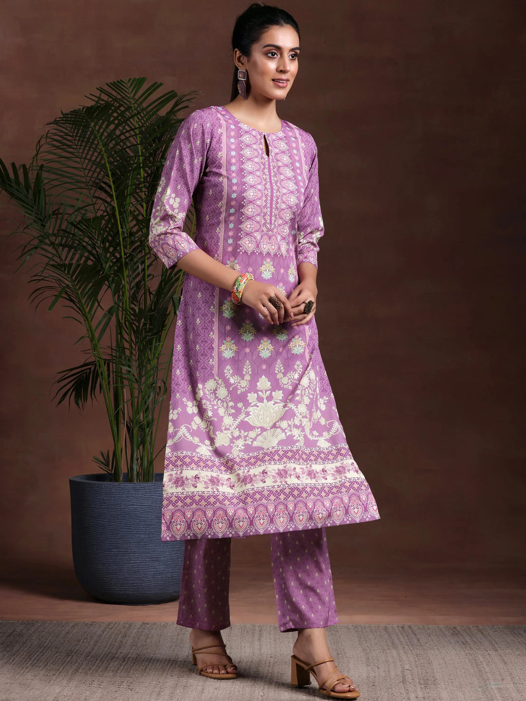  Purple Printed Poly Crepe Straight Suit With Dupatta 