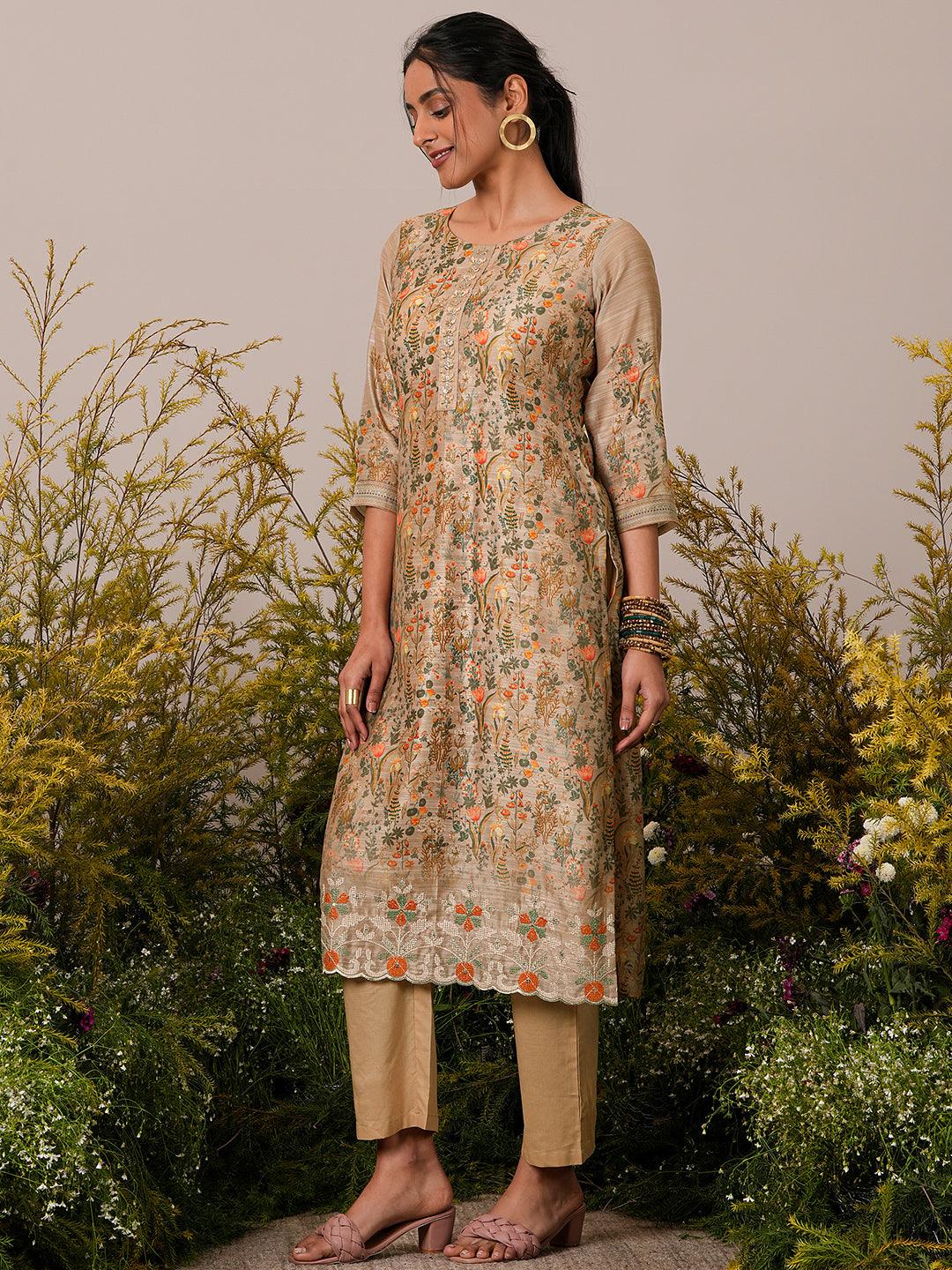 Tan Printed Chanderi Silk Straight Suit With Dupatta - Libas