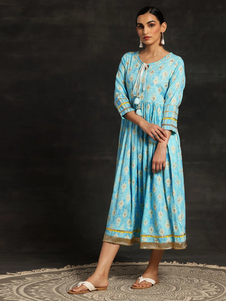 Turquoise Printed Cotton Fit and Flare Dress - Libas