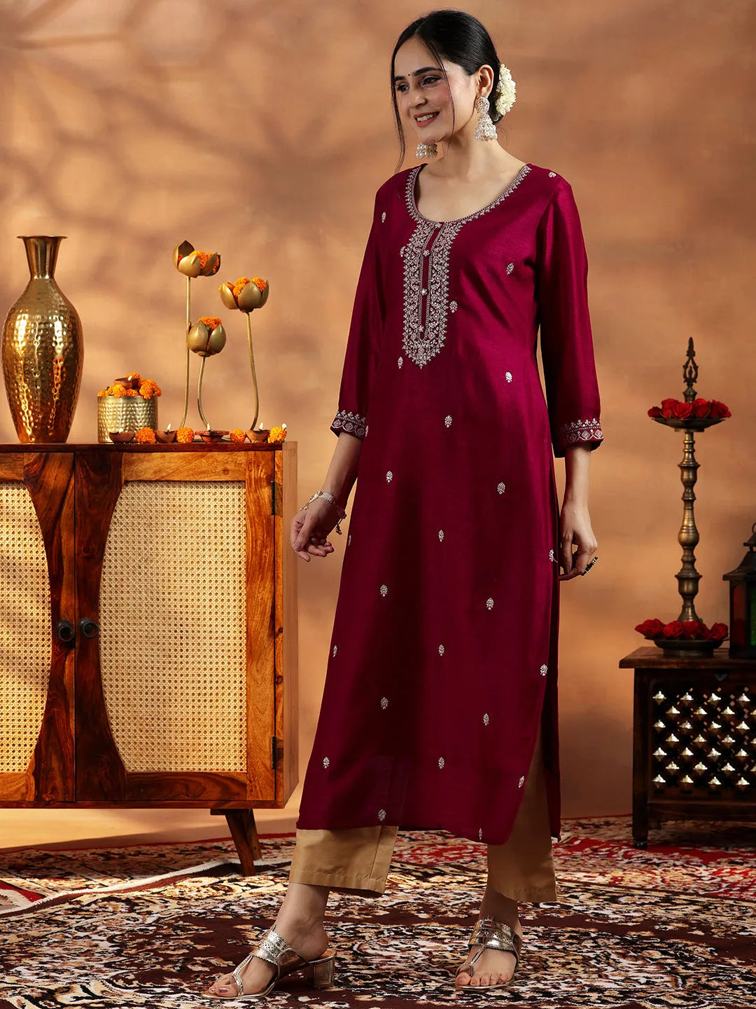  Maroon Embroidered Silk Straight Kurta 