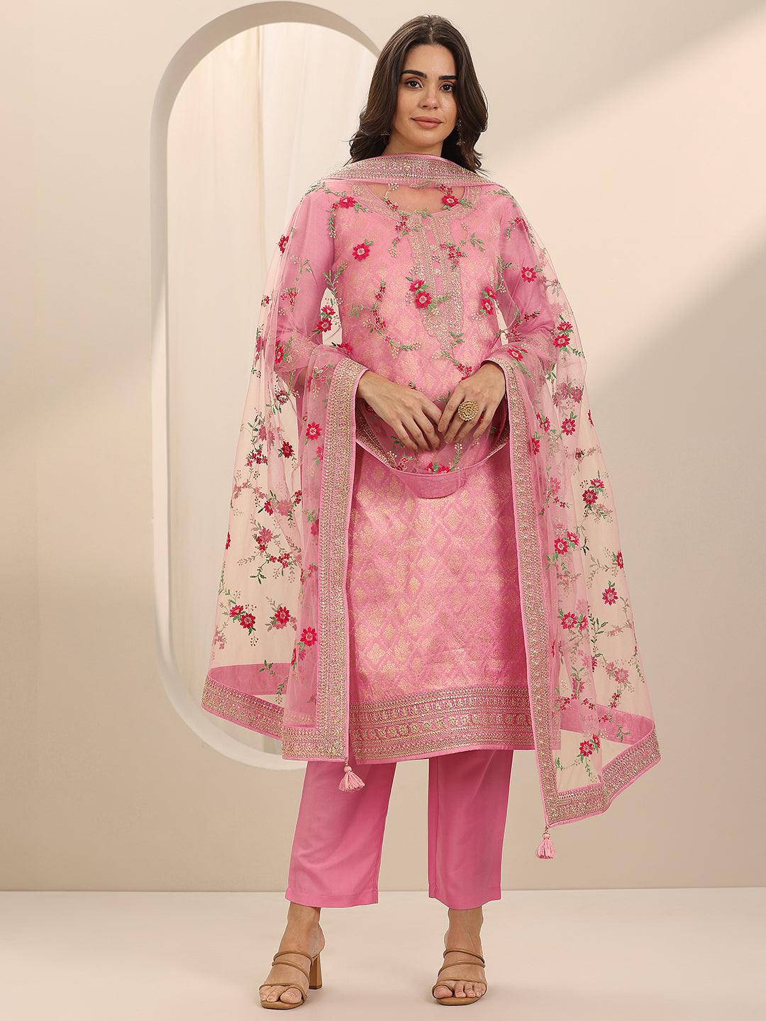  Pink Woven Design Silk Blend Straight Suit Set With Dupatta 