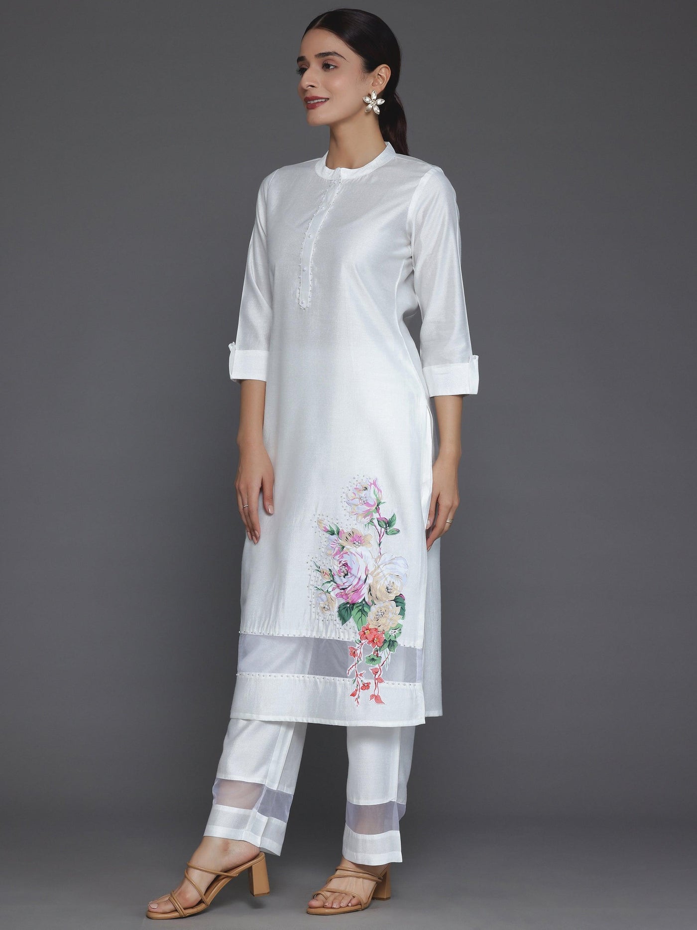 Off White Self Design Silk Blend Straight Suit With Dupatta - Libas