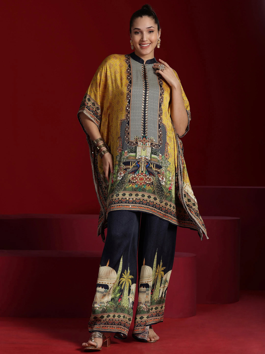  Libas Art Mustard Printed Silk Blend Straight Kurta With Palazzos 
