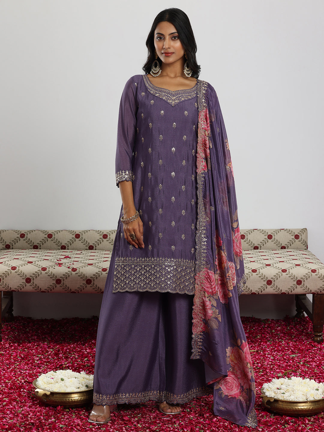 Purple Embroidered Silk Blend Straight Suit With Dupatta-image-12