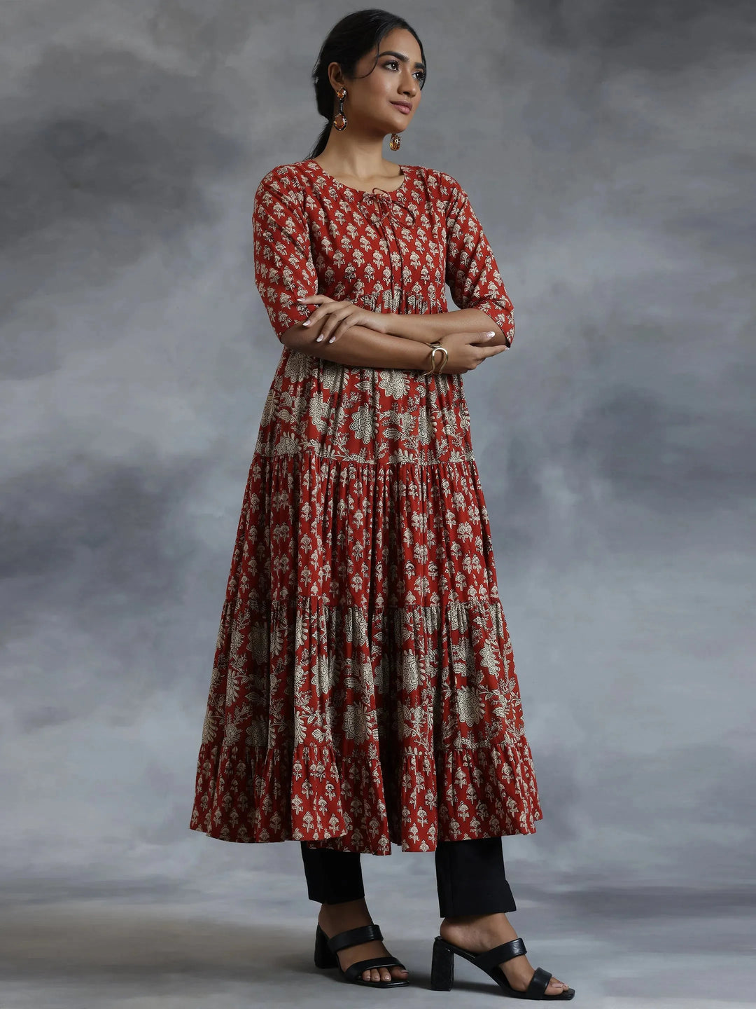  Rust Printed Cotton A-Line Dress 